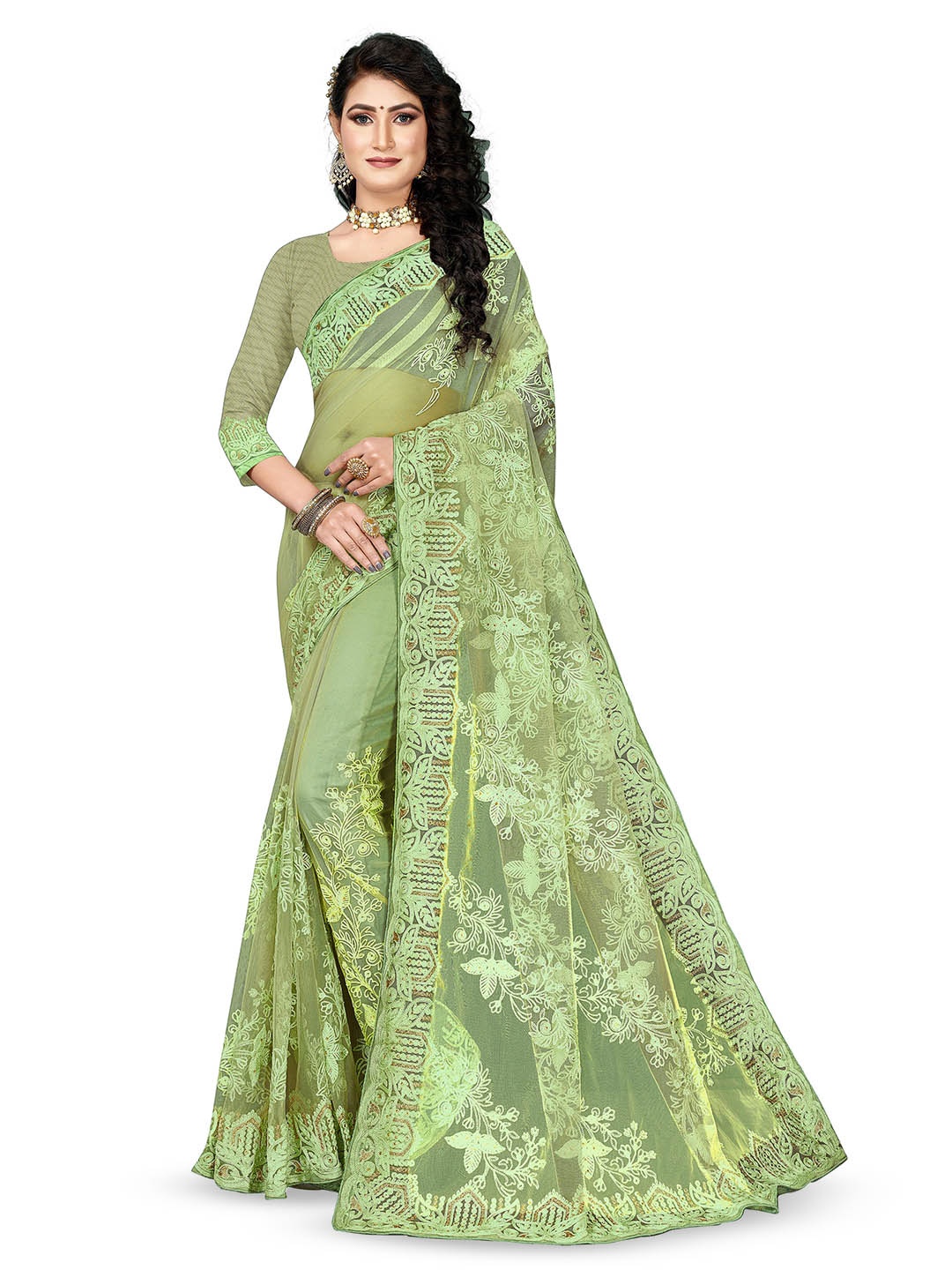 

Maroosh Embellished Beads and Stones Net Saree, Lime green