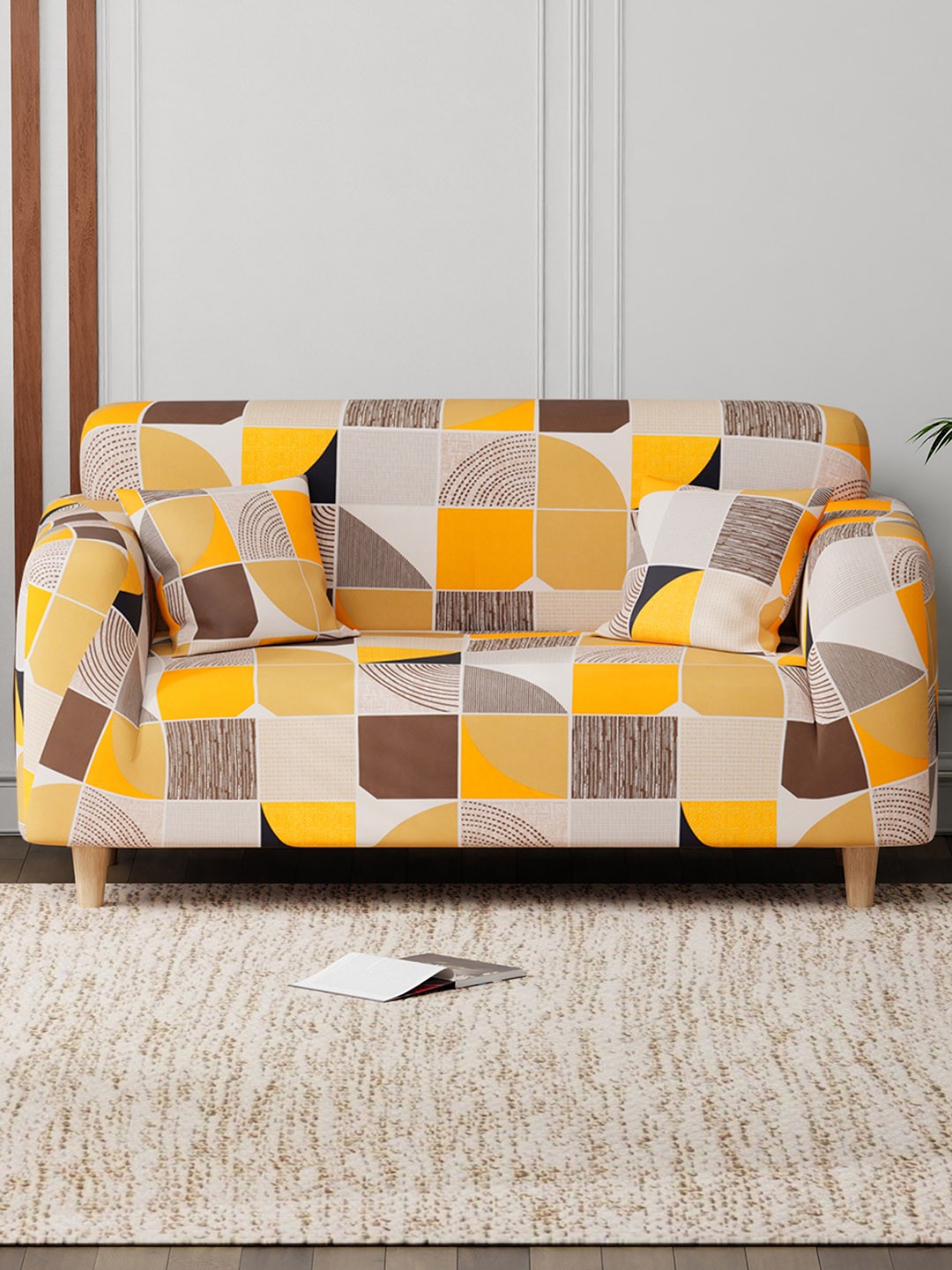 

Aura White & Yellow Printed 2-Seater Sofa Cover With Arms