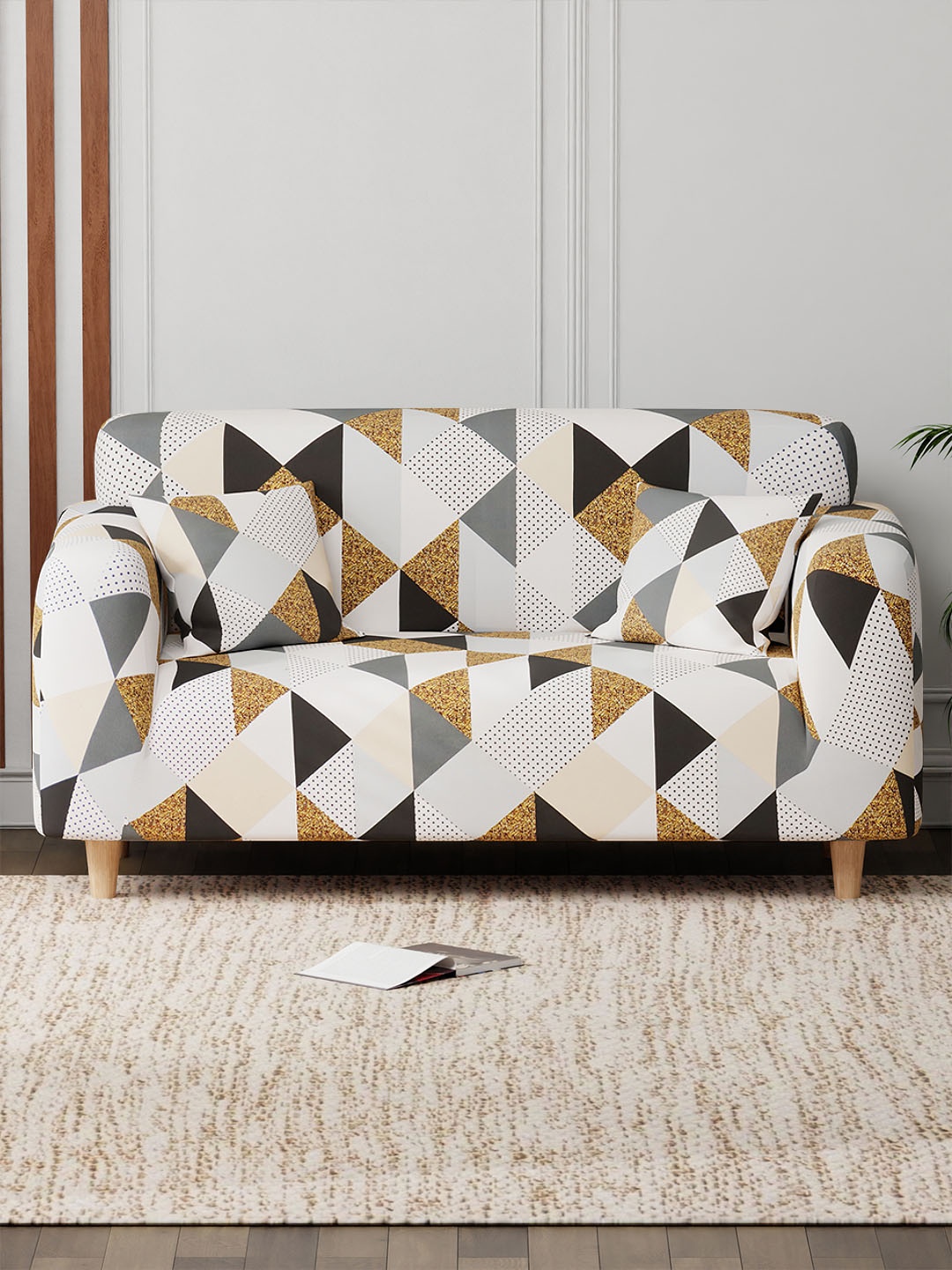 

Aura White & Brown Printed Elasticated Sofa Cover