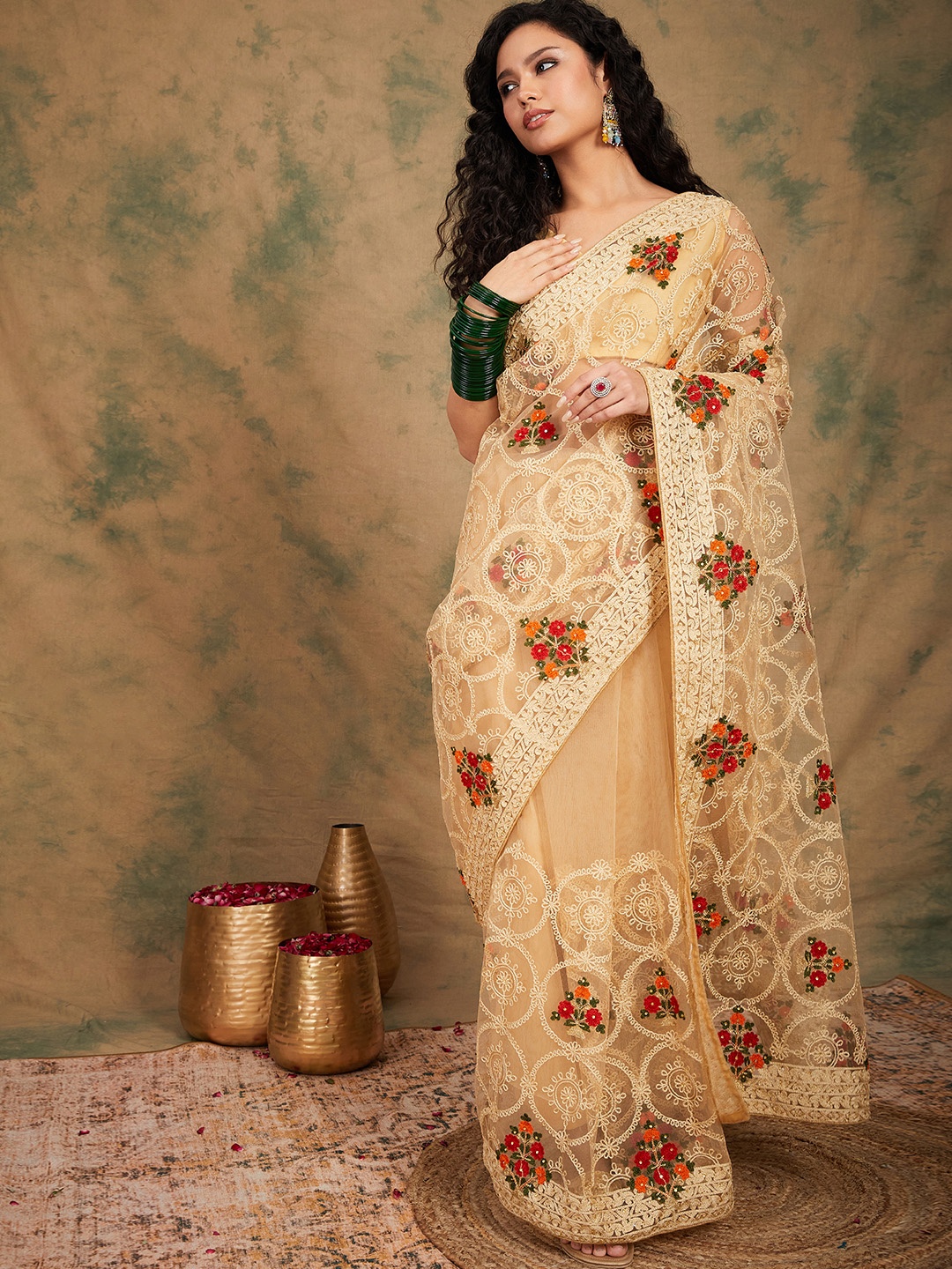 

Maroosh Floral Embroidered Net Saree, Beige