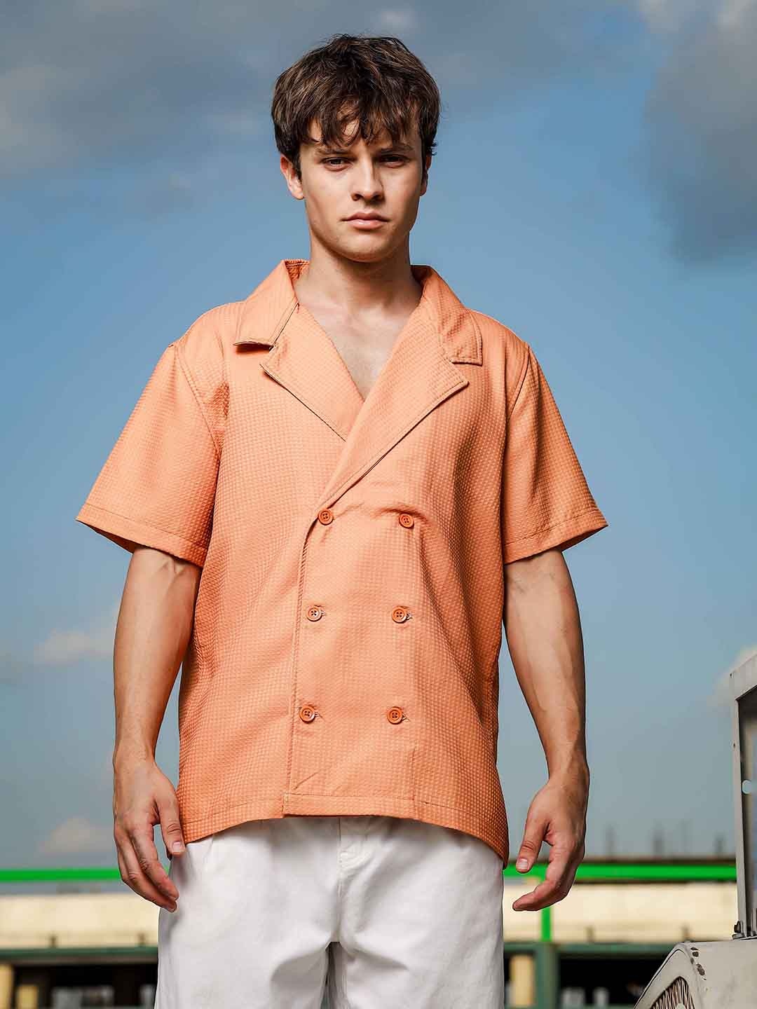 

House of Koala Unisex Textured Jacquard Notched Lapel Collar Relaxed Fit Resort Shirt, Peach