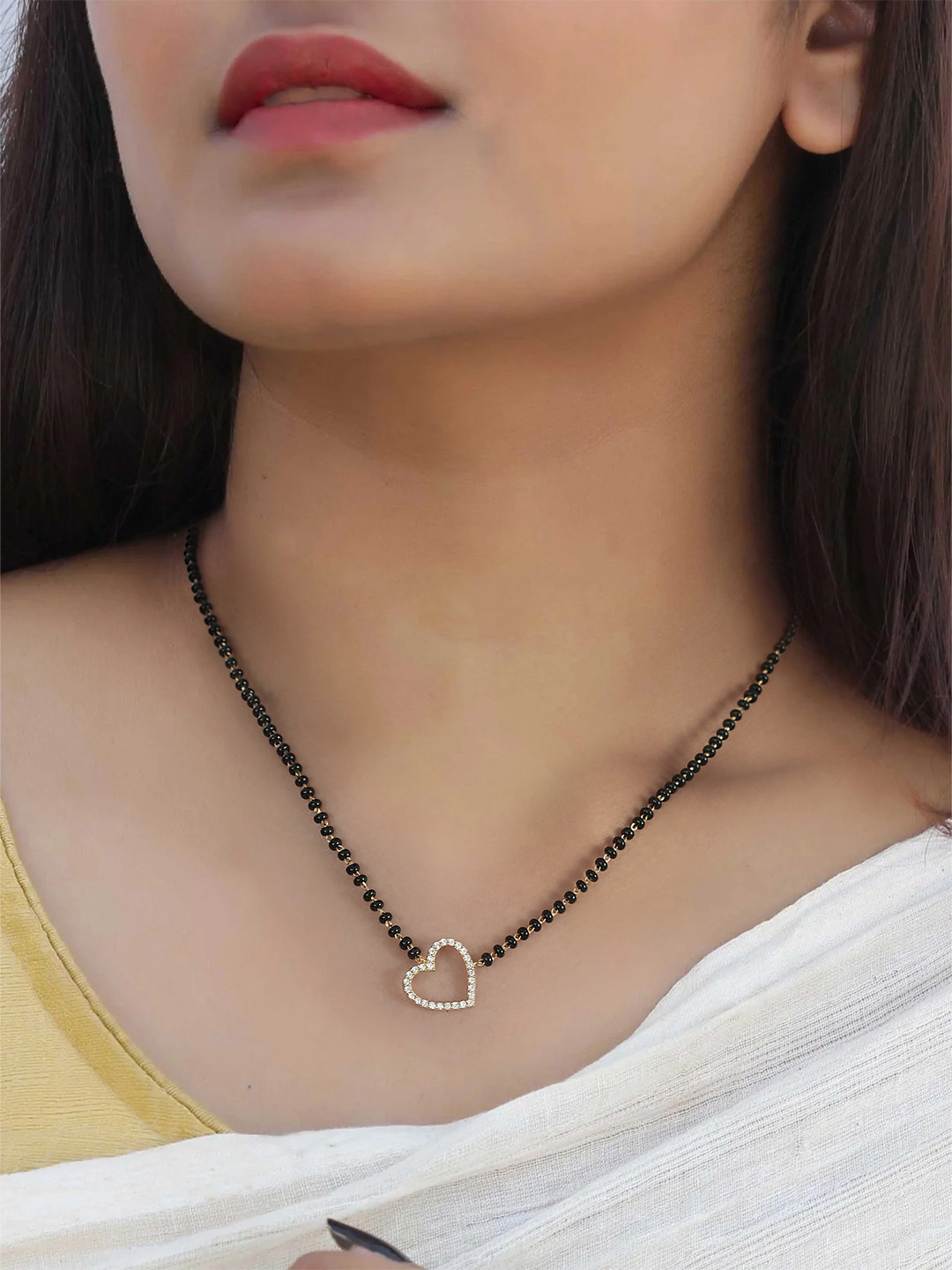

Ornate Jewels 925 Sterling Silver 18KT Gold-Plated AD Studded & Beaded Heart Mangalsutra
