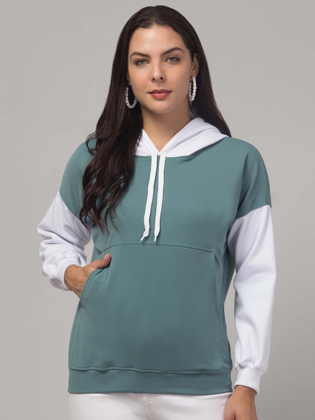 

BESTIC FASHION Women Colourblocked Hood Fleece Pullover Ribbed Sweatshirt, Green
