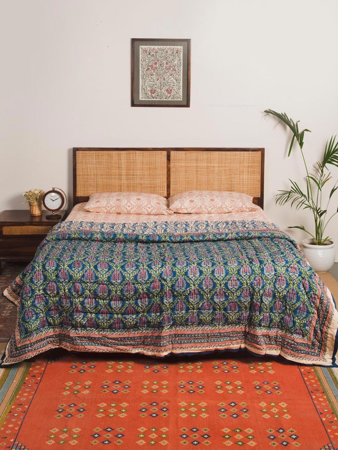 

Fabindia Paro Blue & Green Floral Printed Cotton AC Room Single Bed Quilt