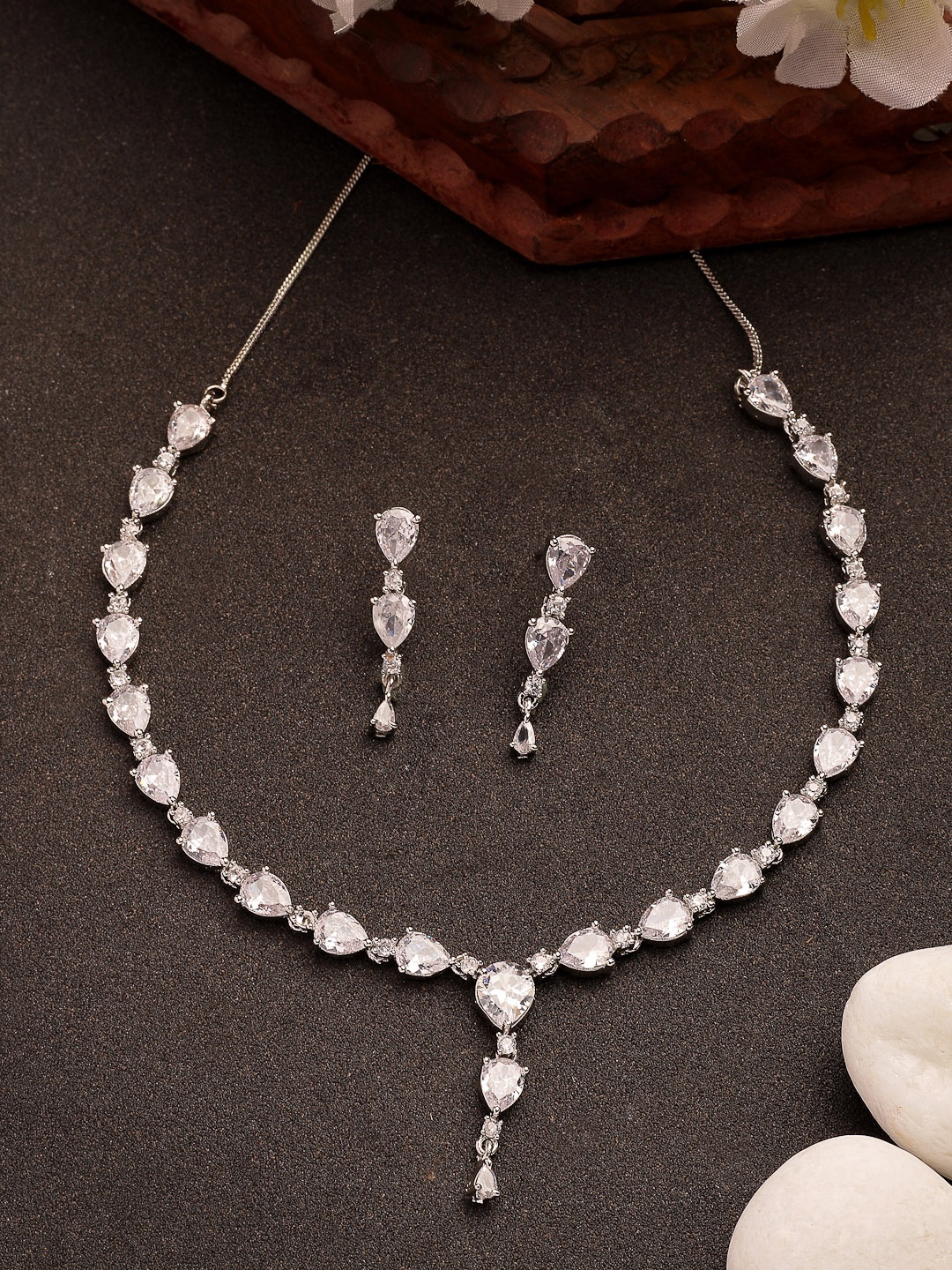 

NVR Silver-Plated Stone Cubic Zirconia Stone Studded Jewellery Set
