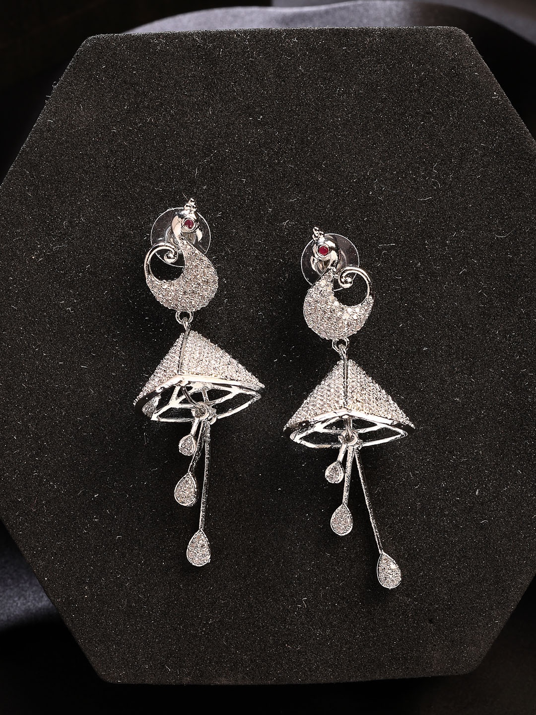 

NVR Silver-Plated AD- Studded Peacock-Shaped Drop Earrings