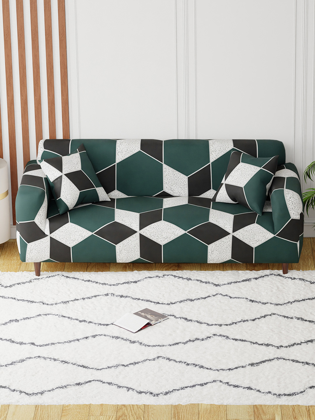 

Aura White & Green Printed 3 Seater Sofa Cover With Arms