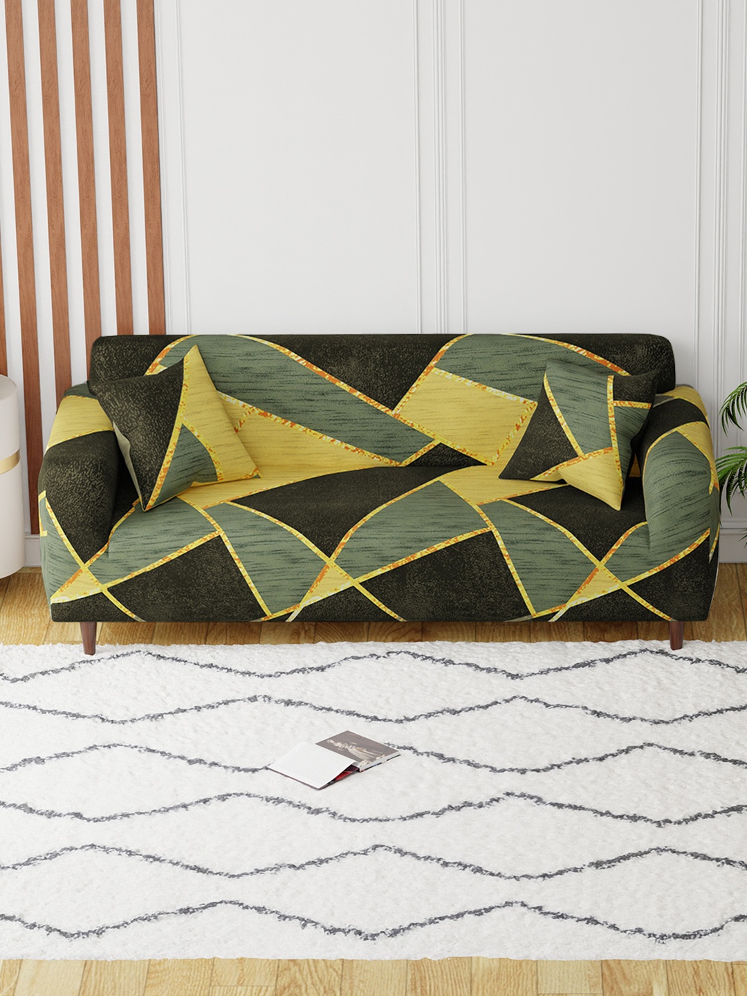 

Aura Green & Yellow Printed 3 Seater Sofa Cover With Arms