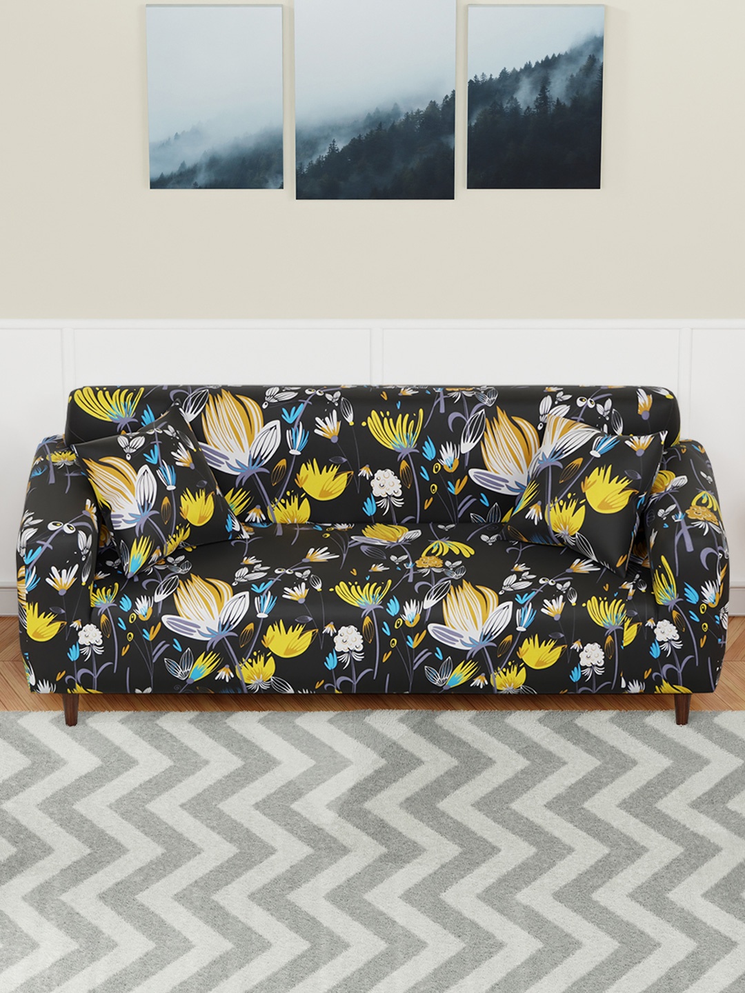 

Aura Black & Yellow Printed 3 Seater Sofa Cover With Arms