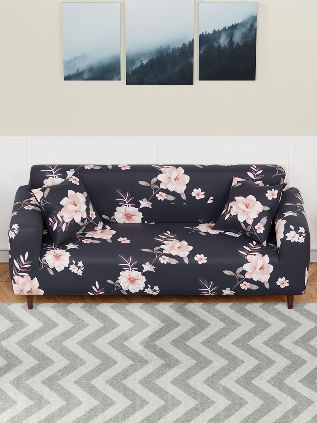 

Aura Black & Pink Floral Printed Elasticated Sofa Cover With Arms