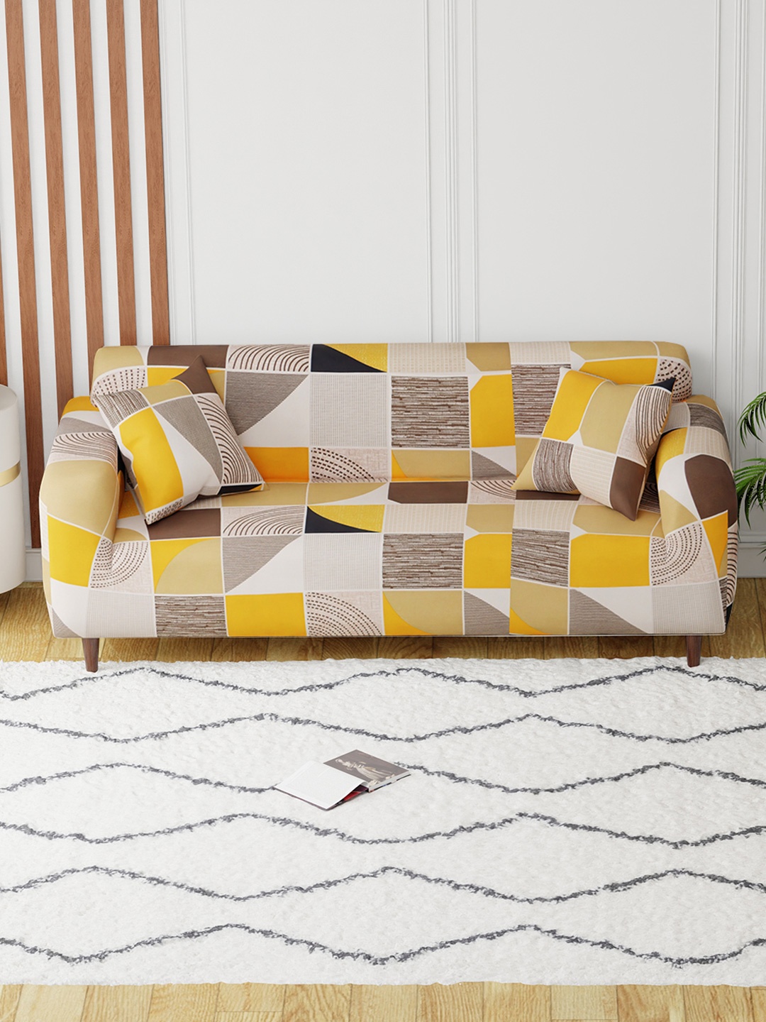 

Aura Yellow & White Printed Elasticated Sofa Cover With Arms