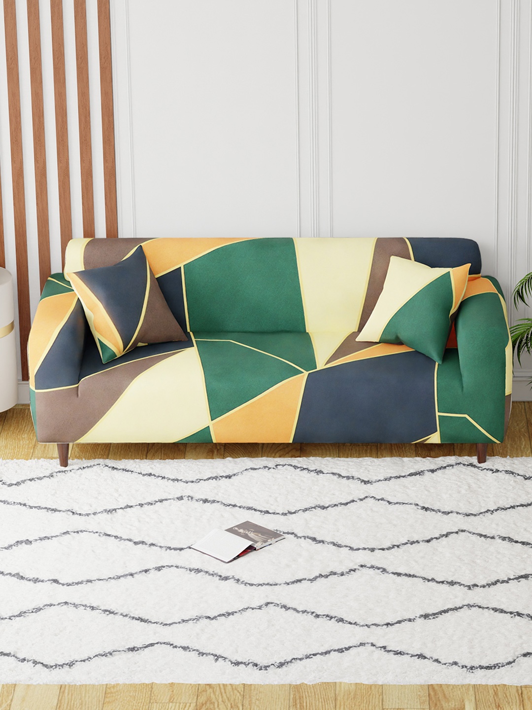 

Aura Green & Yellow Printed Elasticated Sofa Cover With Arms