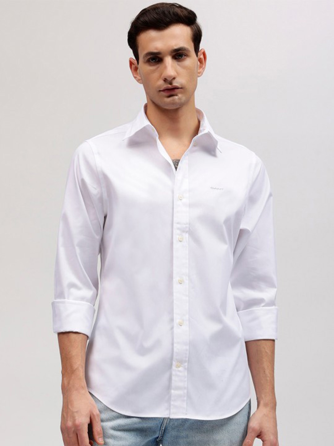 

GANT Men Button-Down Collar Solid Cotton Casual Shirt, White