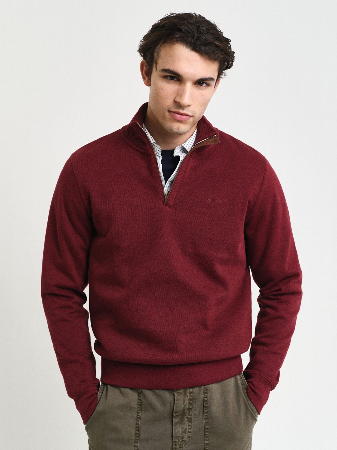 

GANT Men Solid Mock Collar Cotton Pullover Ribbed Sweatshirt, Red