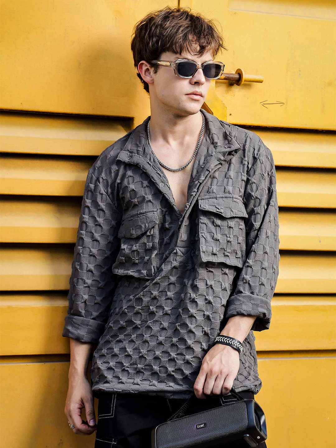 

House of Koala Textured Oversized Fit Shacket Shirt, Grey