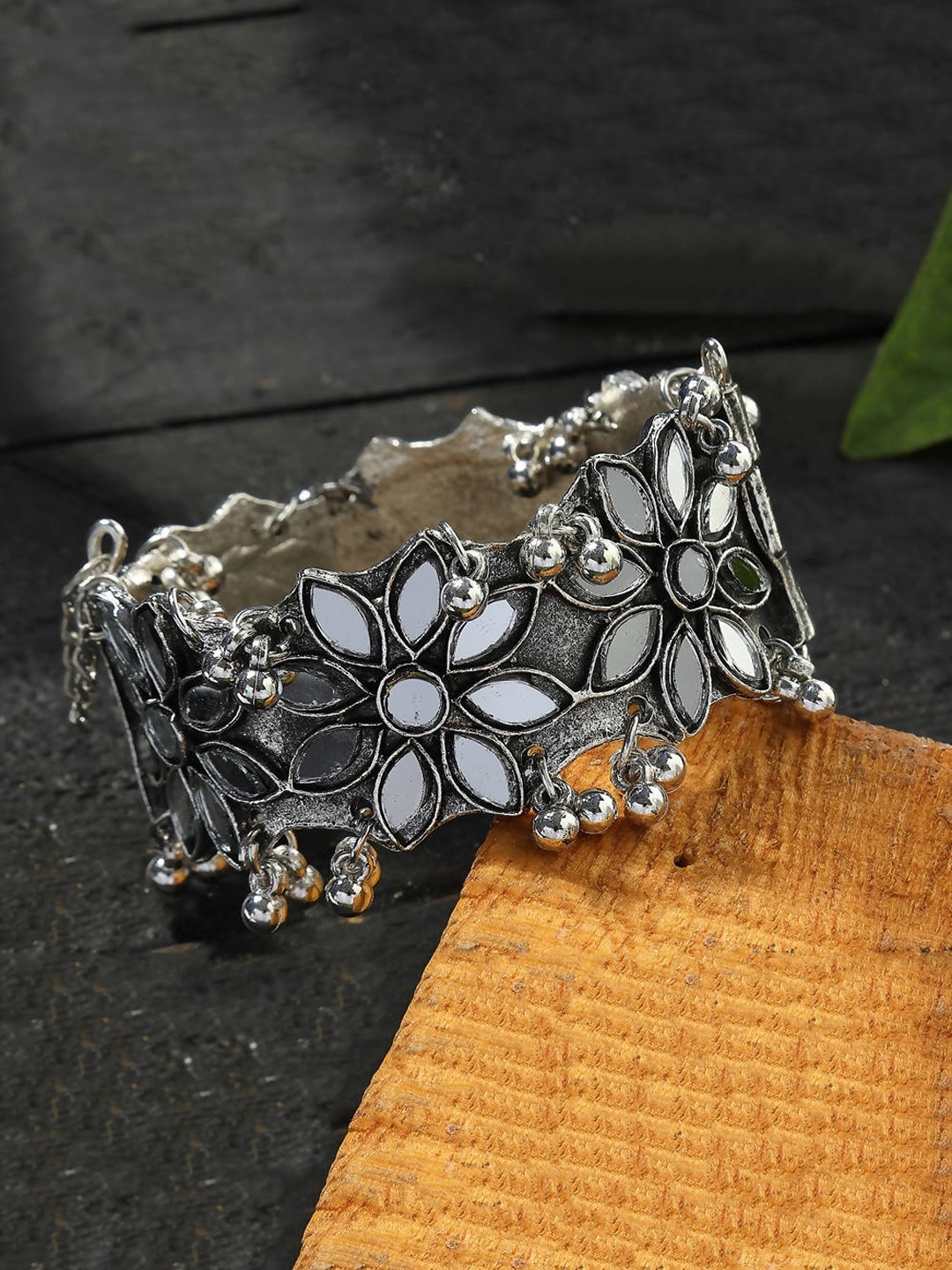 Krelin Silver-Plated Mirror-Work Openable Bracelet Bangle