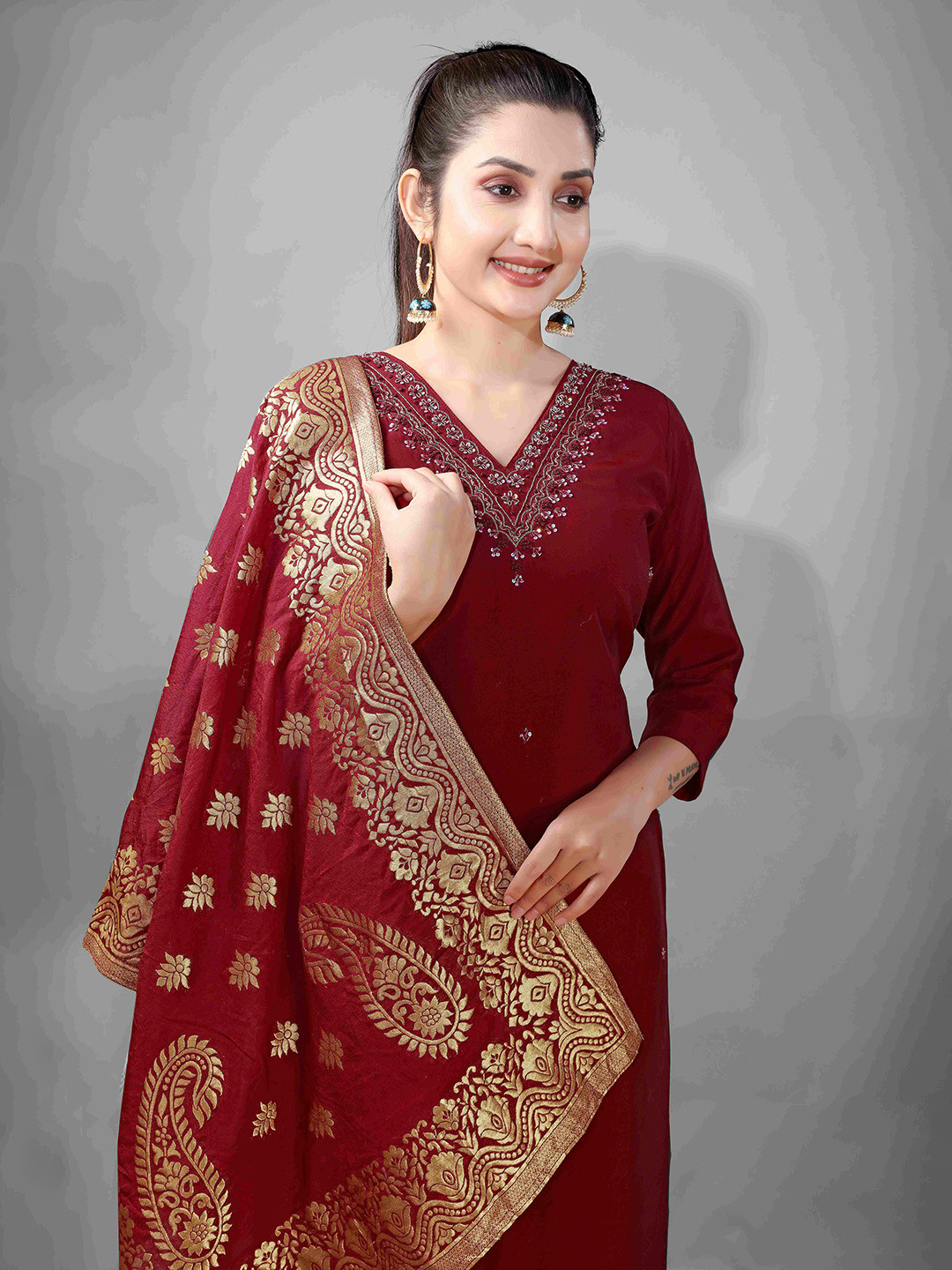 

NE STYLE Women Regular Zardozi Kurta with Trousers & Dupatta, Maroon