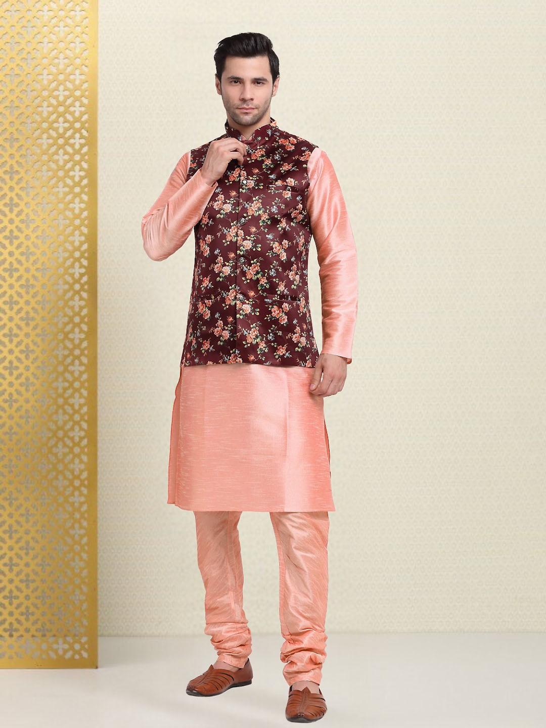 

KRAFT INDIA Men Regular Kurta & Churidar with Nehru Jacket Set, Peach