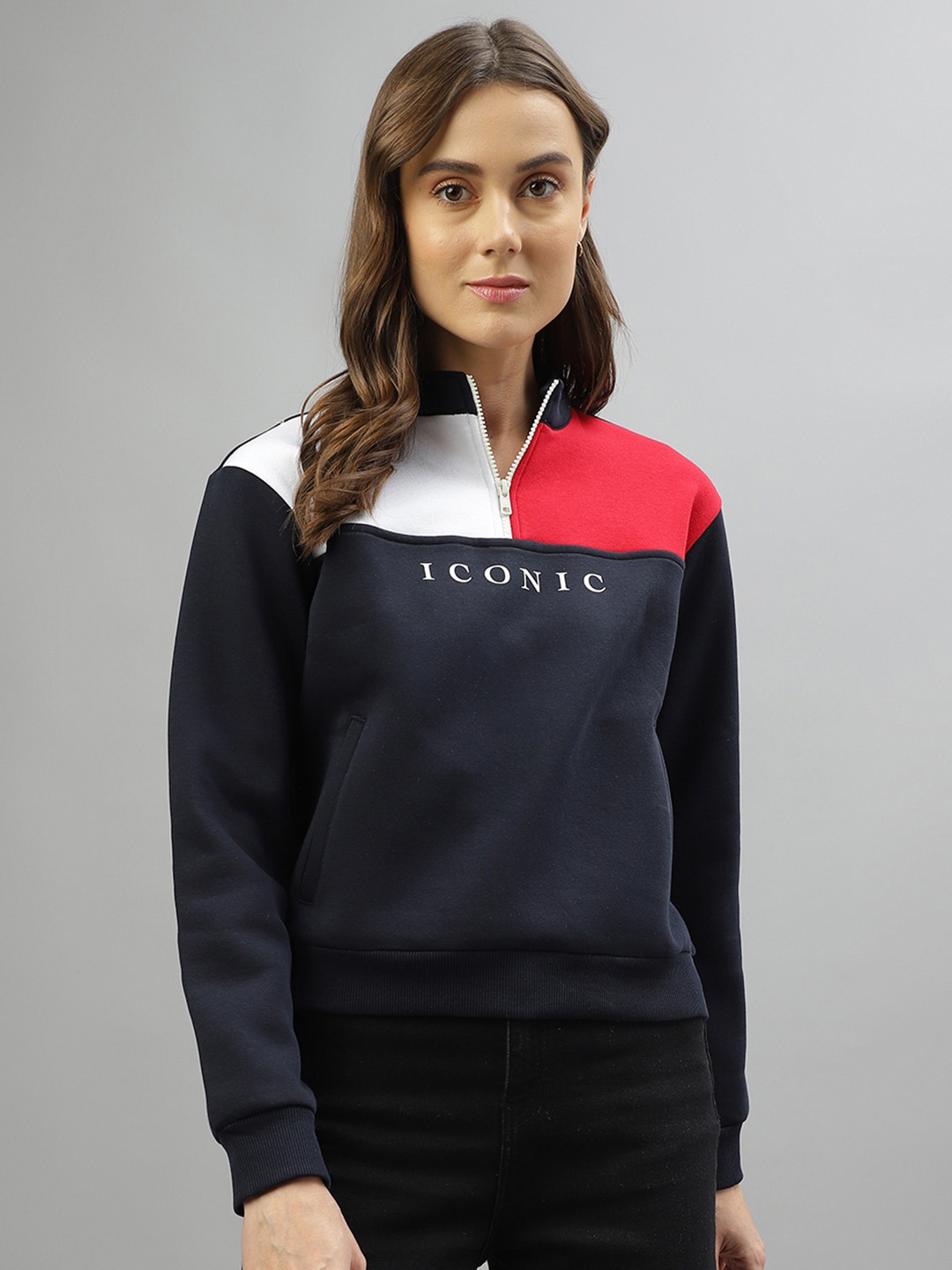 

Iconic Women Typography Printed Mock Collar Cotton Pullover Sweatshirt, Navy blue