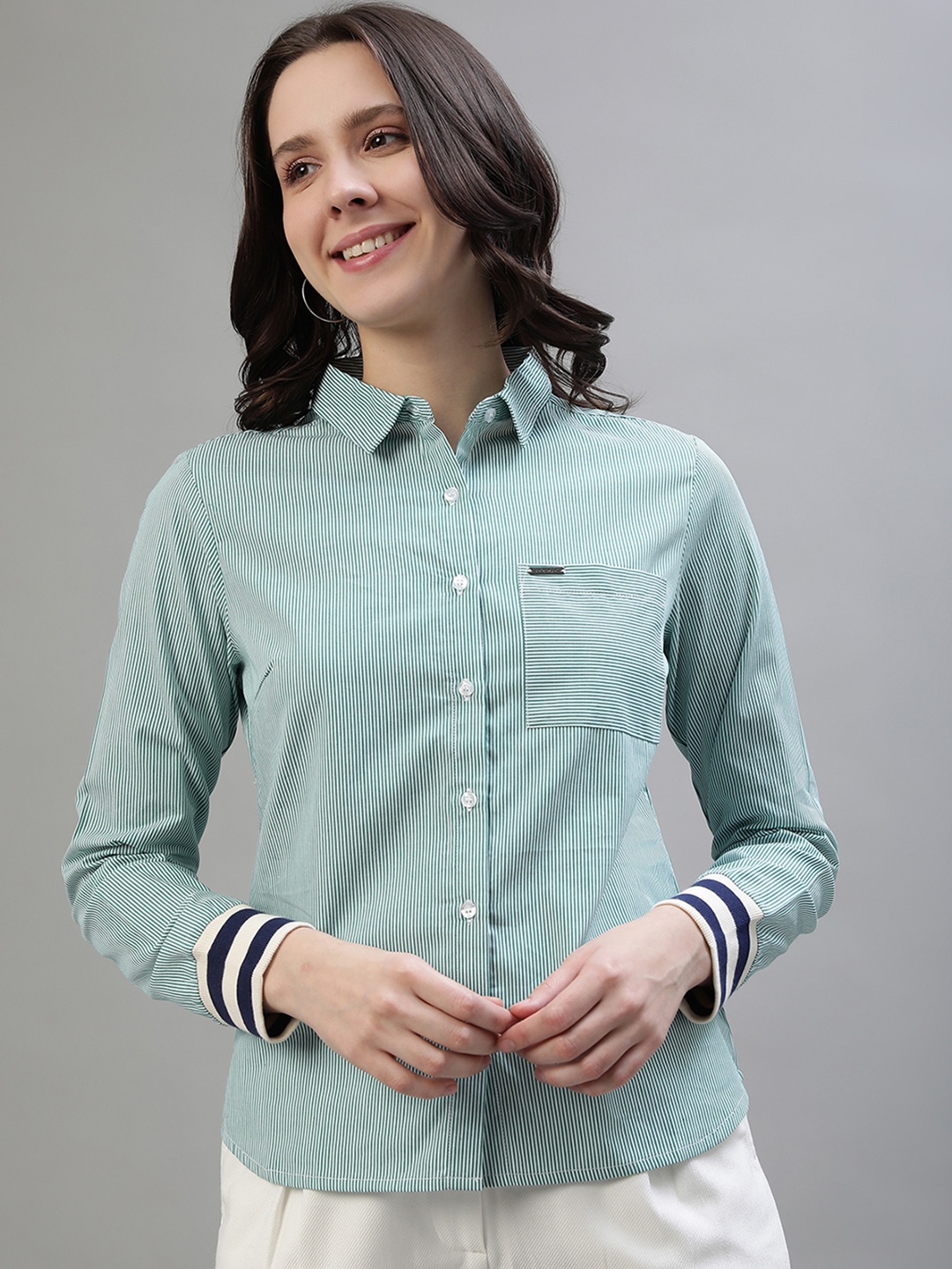 

Iconic Women Striped Spread Collar Pure Cotton Casual Shirt, Green