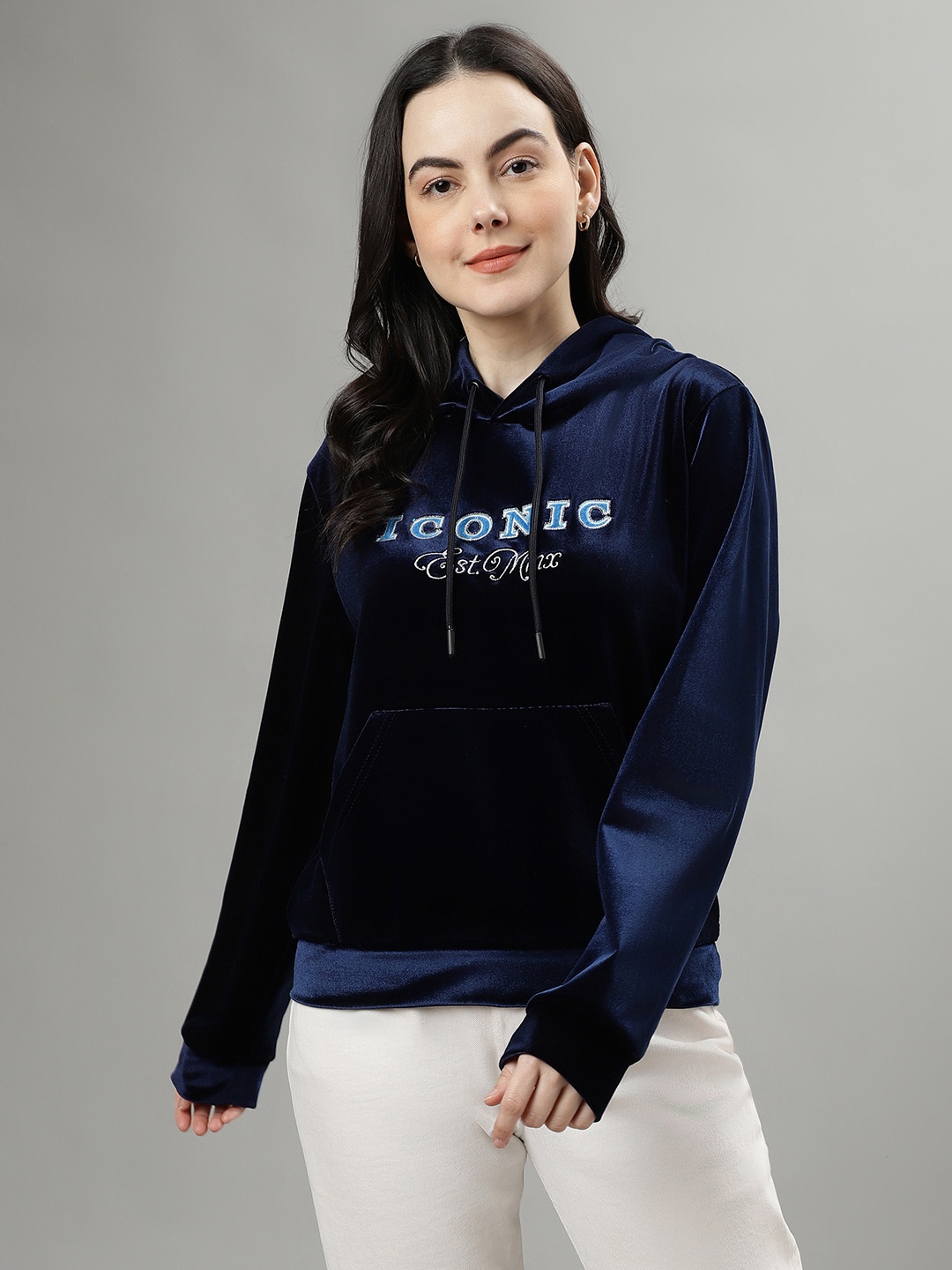 

Iconic Women Typography Printed Hood Pullover Sweatshirt, Navy blue