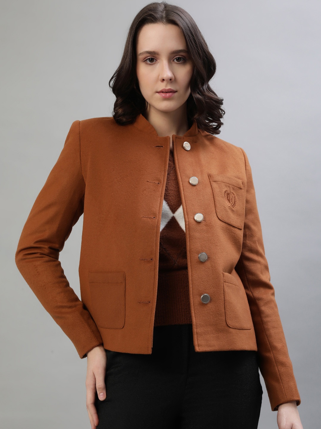 

Iconic Women Stand Collar Tailored Jacket, Brown