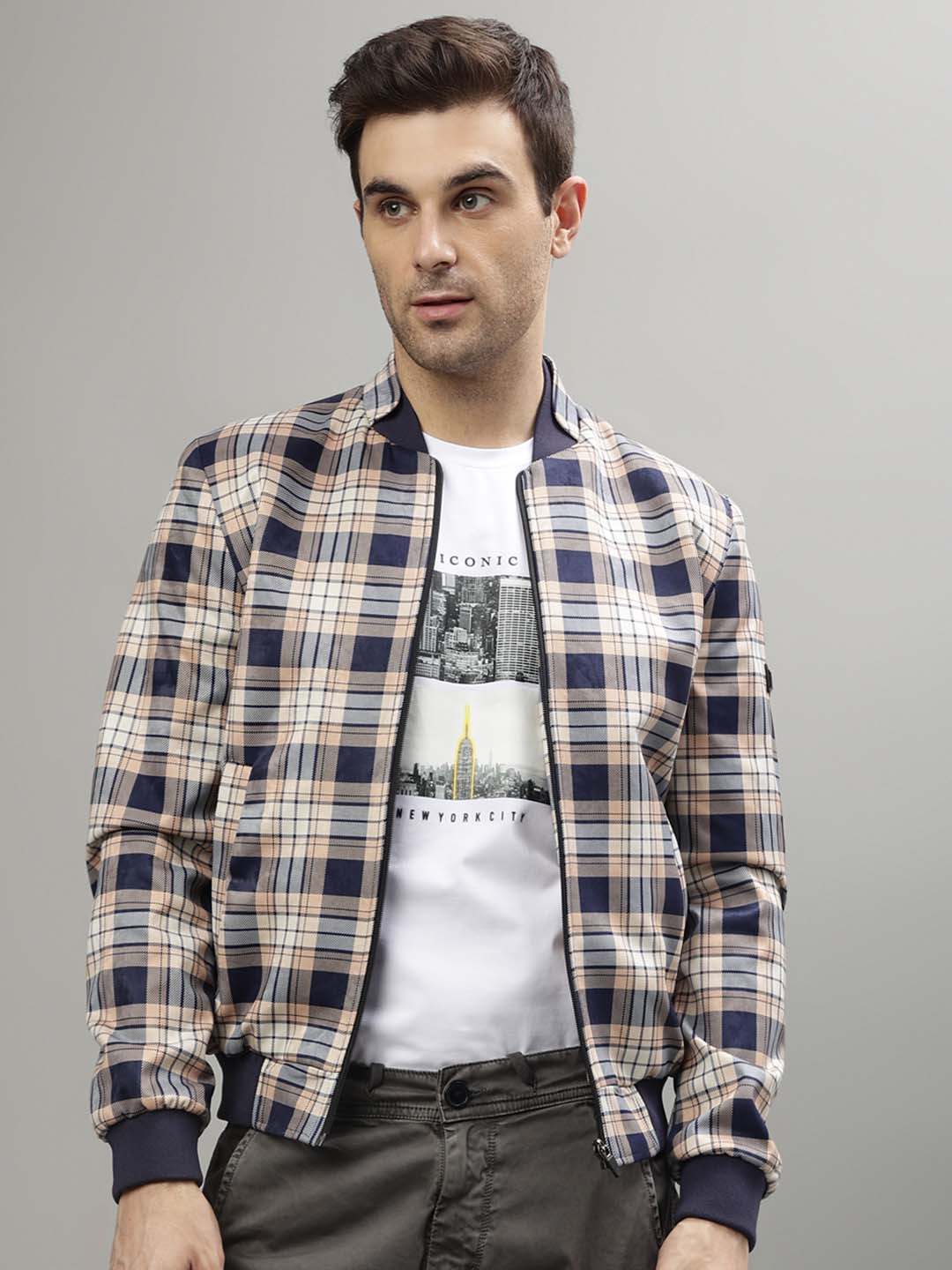 

Iconic Men Checked Crop Bomber with Patchwork Jacket, Multi