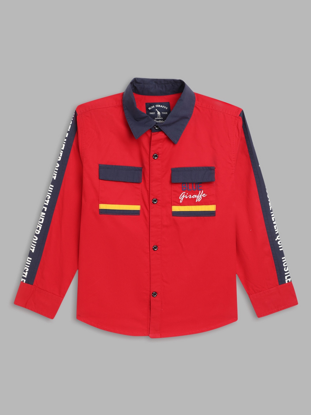 

Blue Giraffe Boys Spread Collar Typography Printed Cotton Casual Shirt, Red