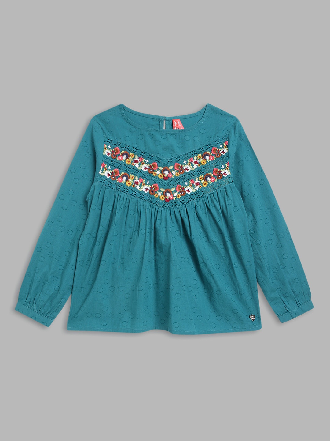 

Blue Giraffe Girls Floral Printed Round Neck Cotton Top, Teal