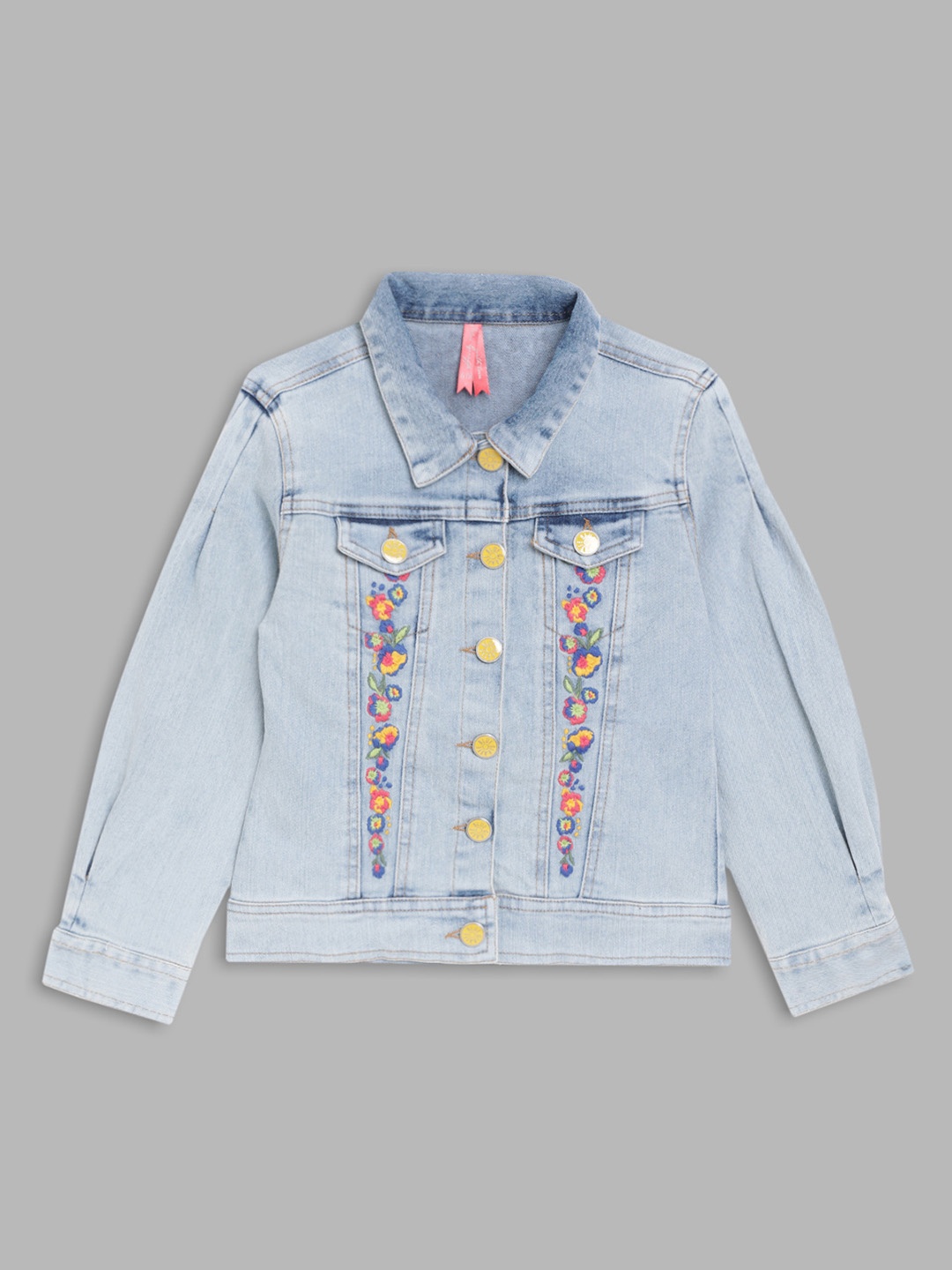 

Blue Giraffe Girls Cotton Washed Embroidered Crop Denim Jacket with Patchwork