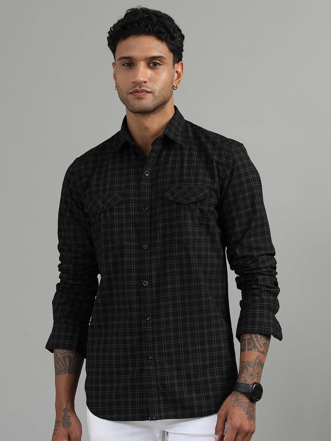 

SORATIA Men Spread Collar Checked Cotton Casual Shirt, Black