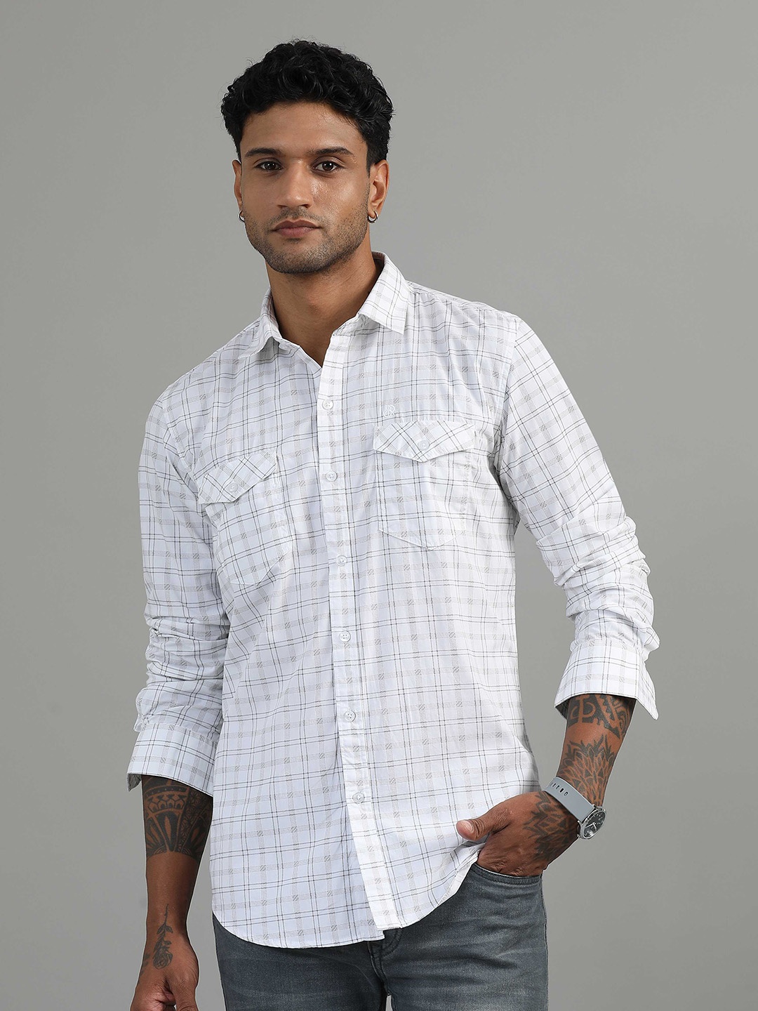 

SORATIA Men Spread Collar Checked Cotton Casual Shirt, White