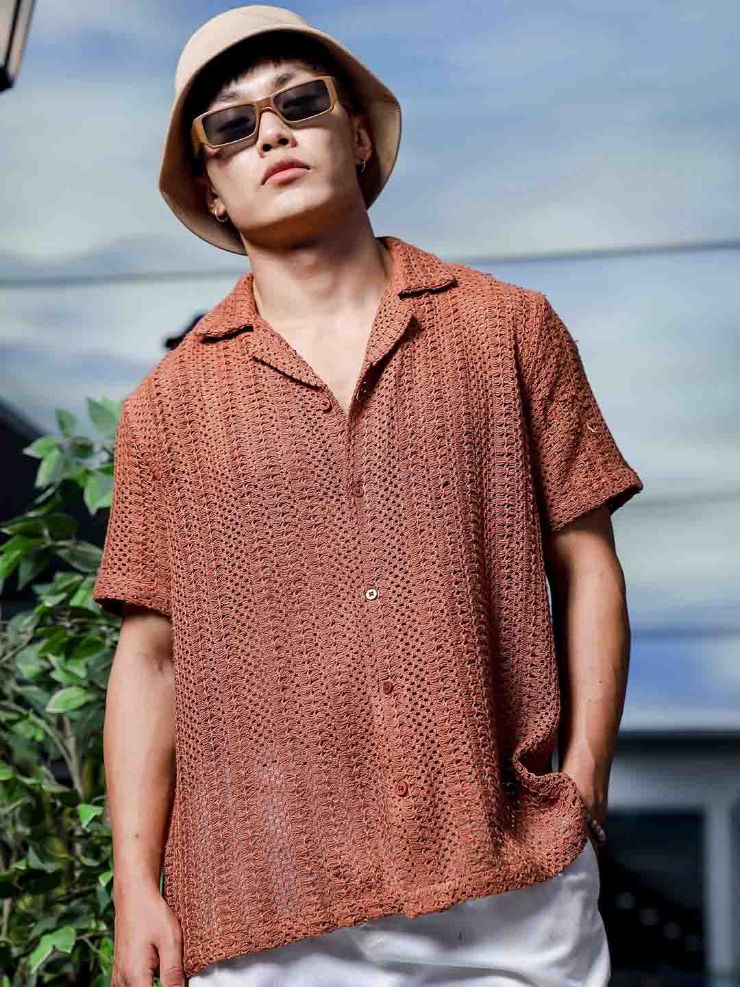 

House of Koala Unisex Crochet Open Knit Relaxed Fit Pure Cotton Resort Shirt, Brown