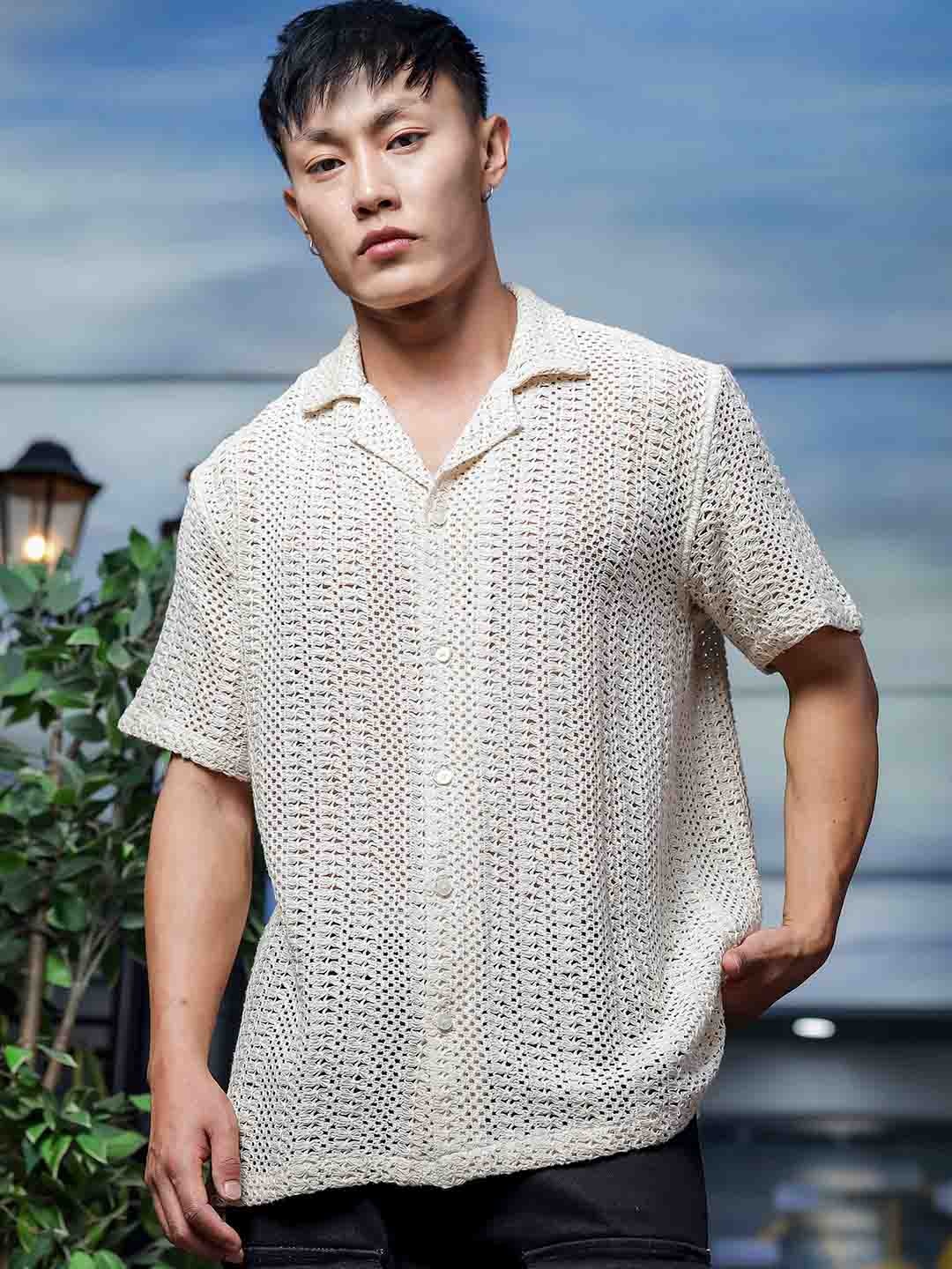 

House of Koala Unisex Crochet Open Knit Relaxed Fit Pure Cotton Resort Shirt, White