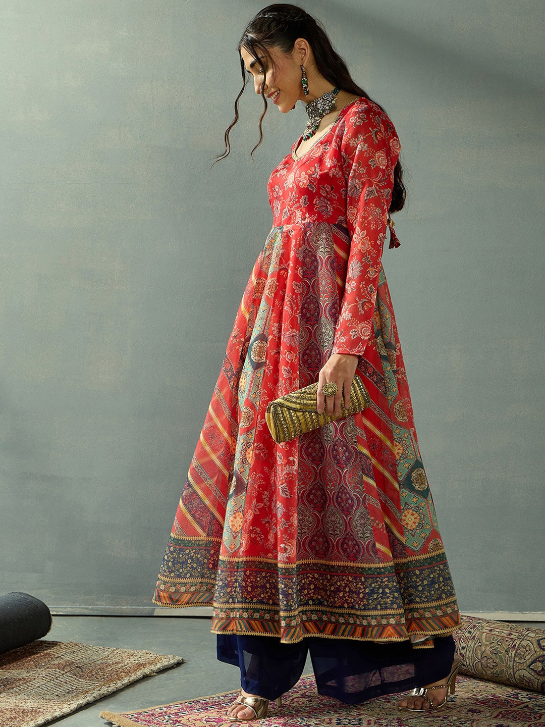 Shae by SASSAFRAS Women Floral Printed Indie Florals Chanderi Silk Anarkali Kurta, Red