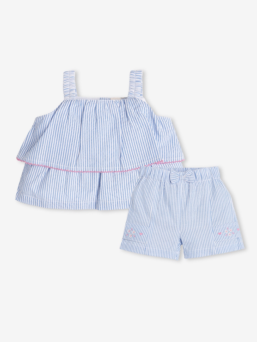 

Ed-a-Mamma Baby Girls Striped Pure Cotton Shoulder Straps Slip-On Top with Shorts, Blue