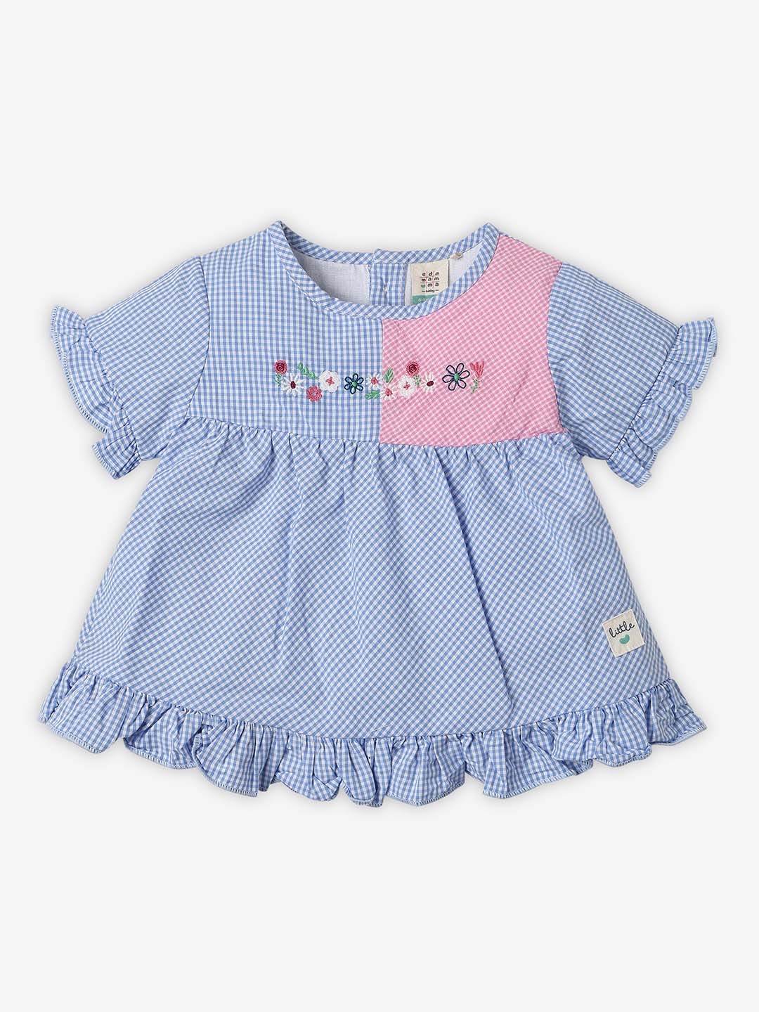 

Ed-a-Mamma Baby Girls Checked Round Neck Cotton Top, Blue