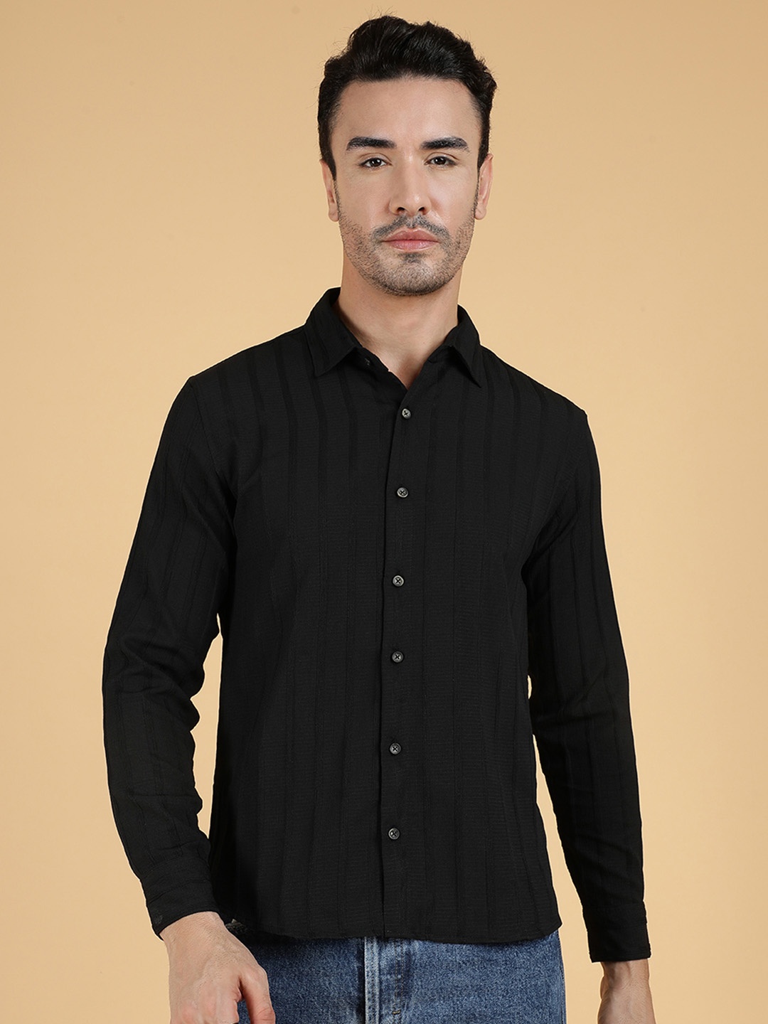 

Kotty Men Relaxed Spread Collar Textured Casual Shirt, Black