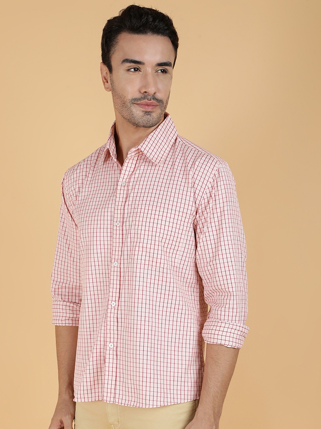 

Kotty Men Relaxed Spread Collar Tartan Checked Casual Shirt, White