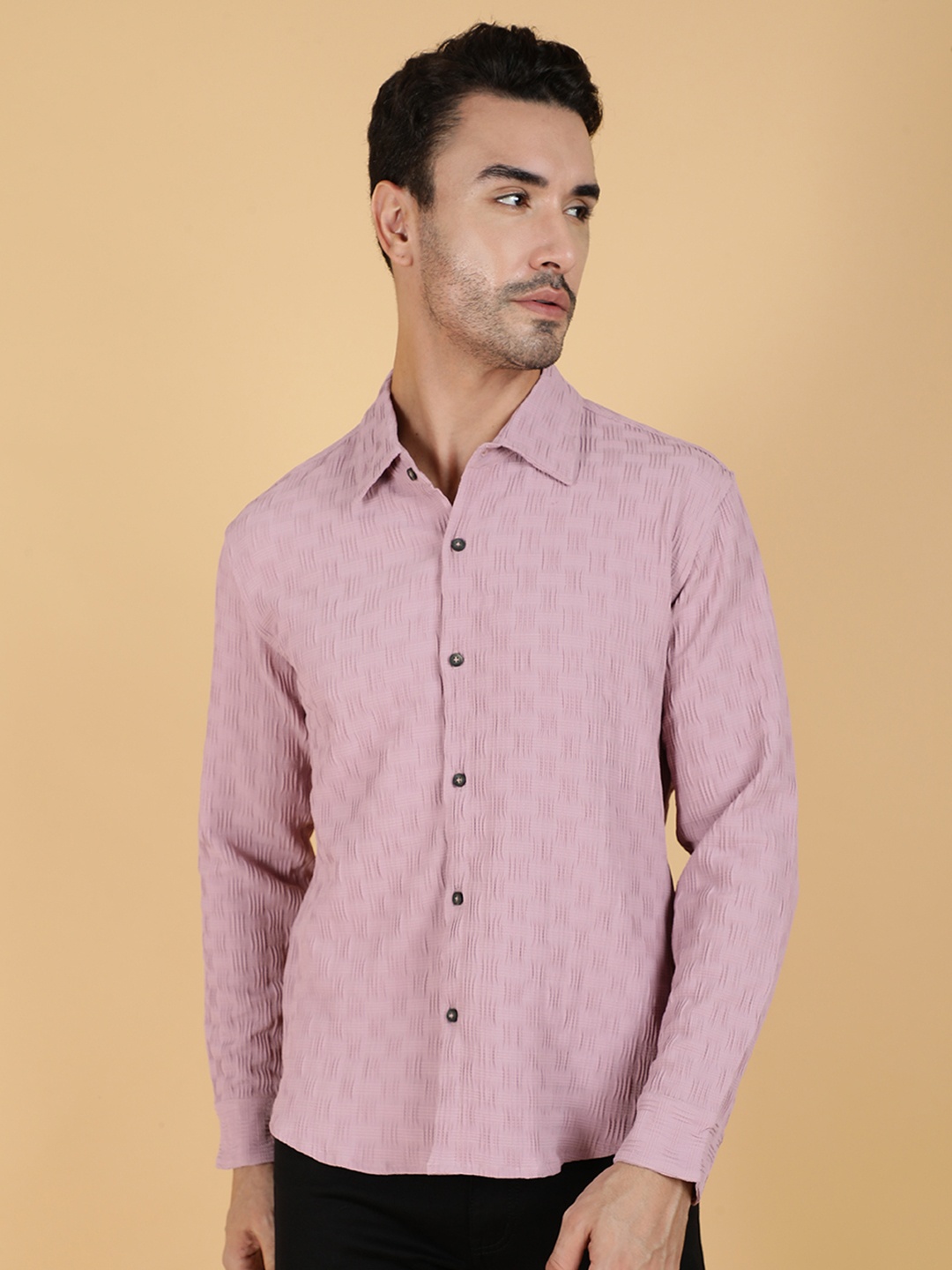 

Kotty Men Relaxed Spread Collar Textured Casual Shirt, Pink