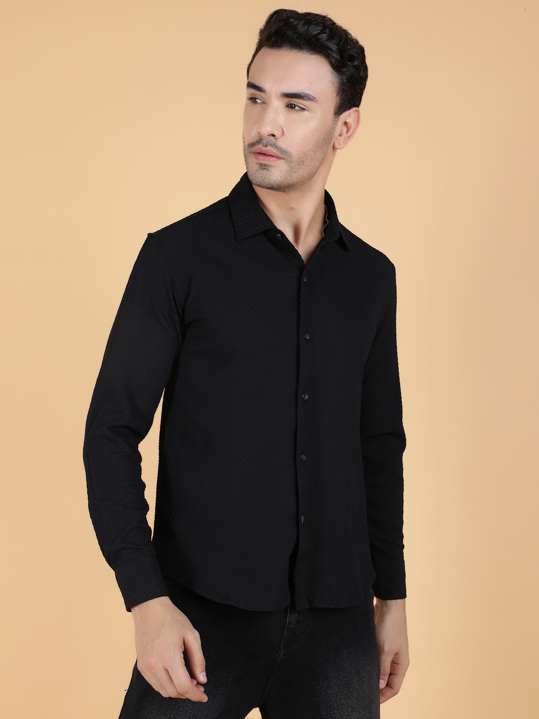 

Kotty Men Relaxed Fit Spread Collar Textured Cotton Casual Shirt, Black