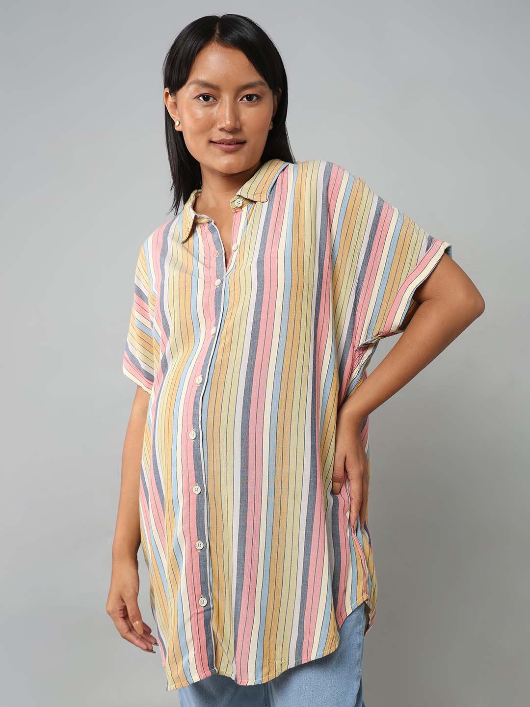 

Ed-a-Mamma Women Spread Collar Striped Cotton Shirt, Grey