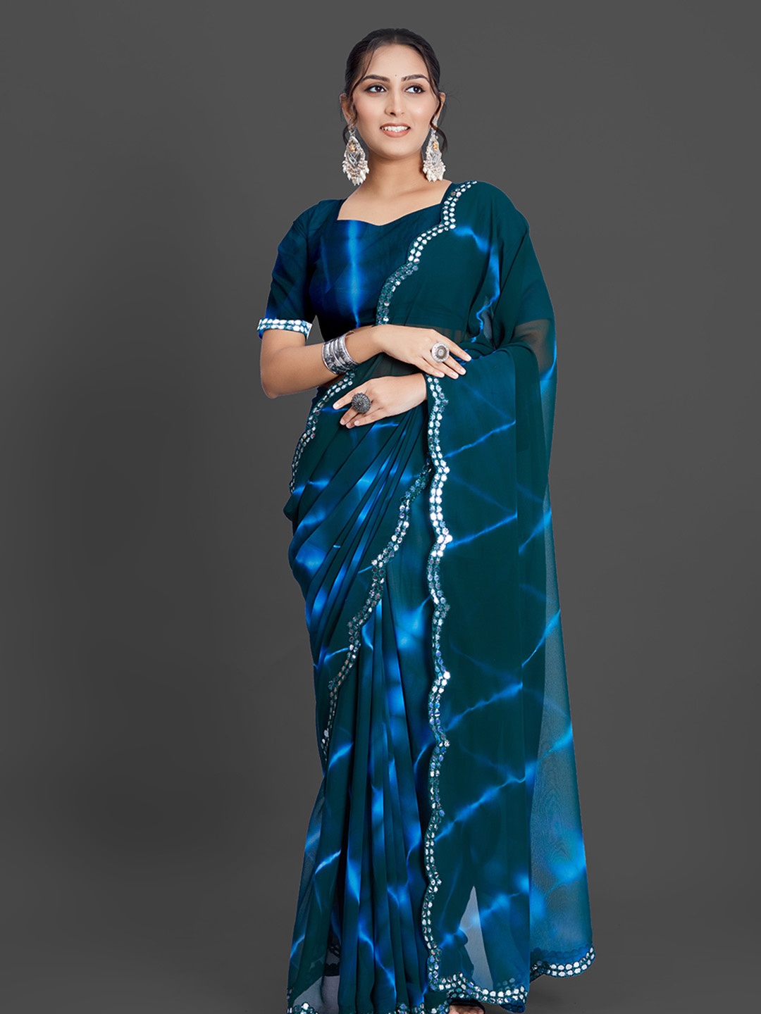 

NIRMAL CREATION Tie and Dye Mirror Work Pure Georgette Saree, Blue