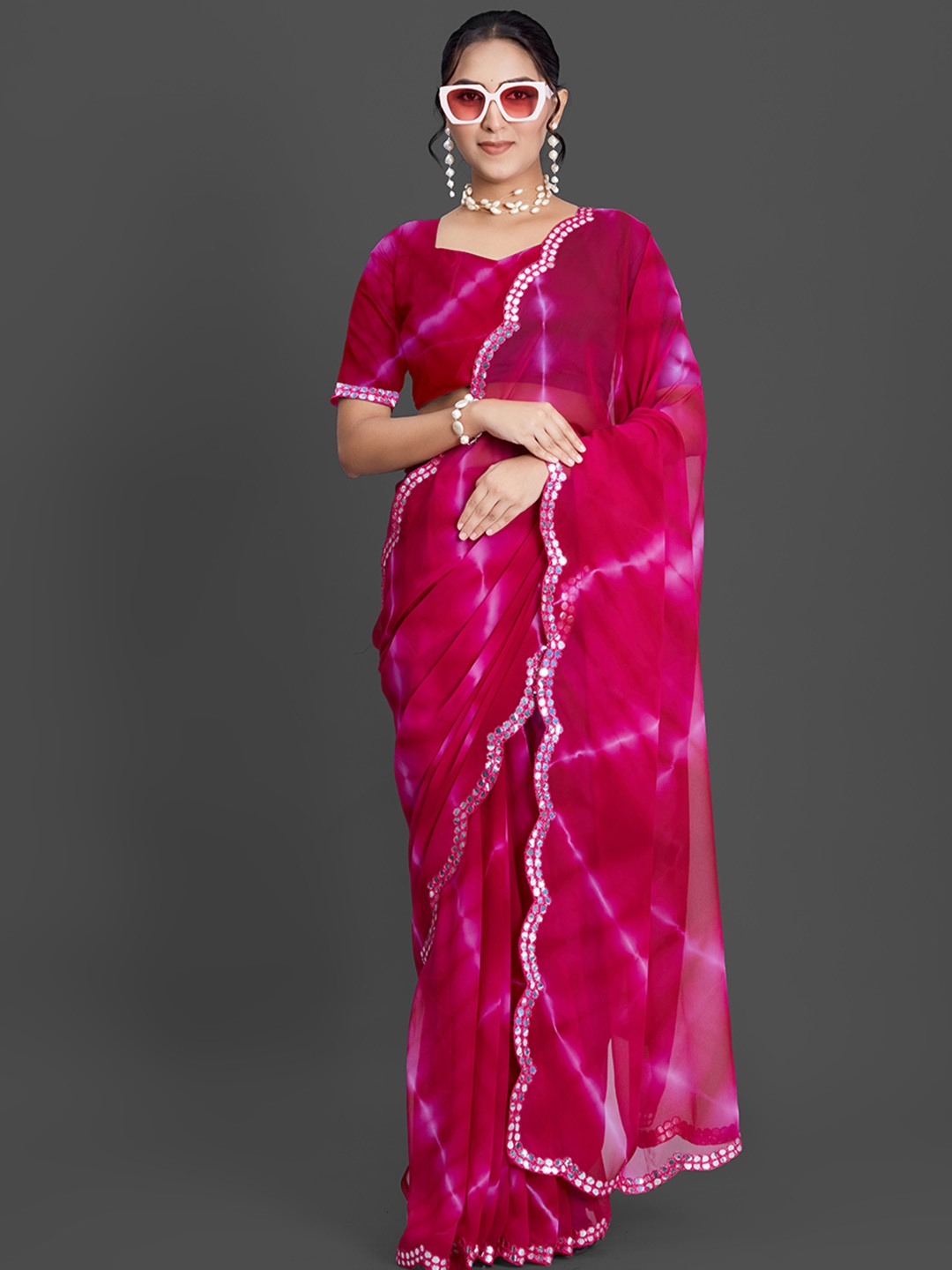 

NIRMAL CREATION Tie and Dye Sequinned Pure Georgette Saree, Pink