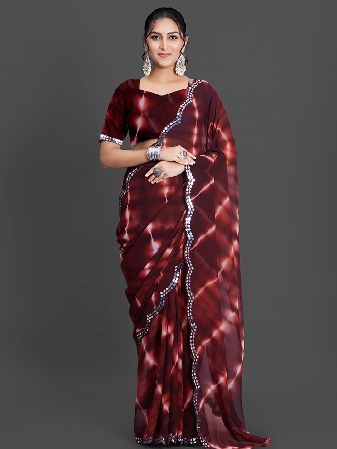 

NIRMAL CREATION Tie and Dye Mirror Work Pure Georgette Saree, Maroon