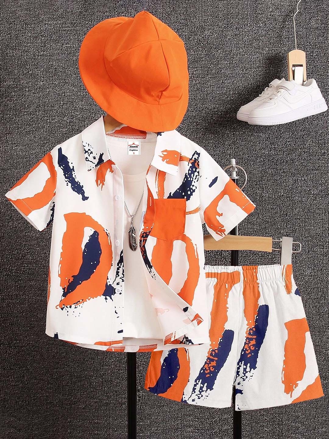 

Emblica Unisex Kids Printed Slip-On Shirt Collar Shirt with Shorts, Orange