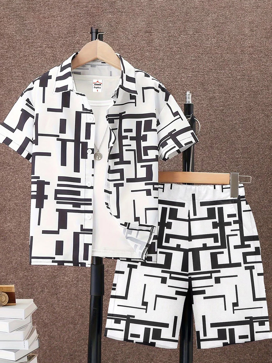 

Emblica Unisex Kids Printed Shirt Collar Shirt with Shorts, Black