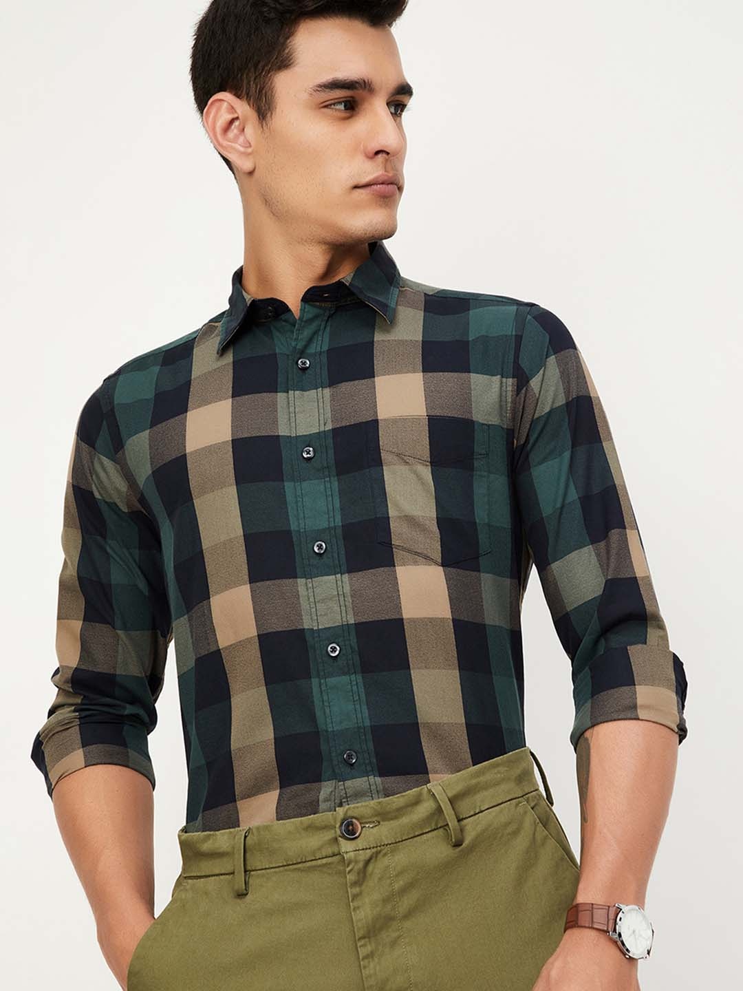 

max Men Spread Collar Buffalo Checked Cotton Casual Shirt, Green