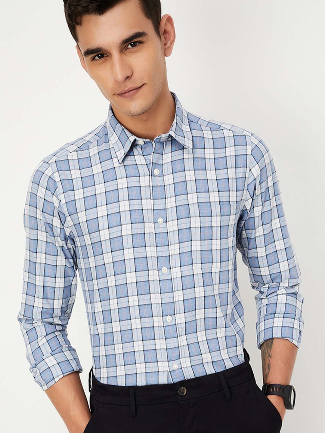 

max Men Spread Collar Tartan Checked Cotton Casual Shirt, Blue