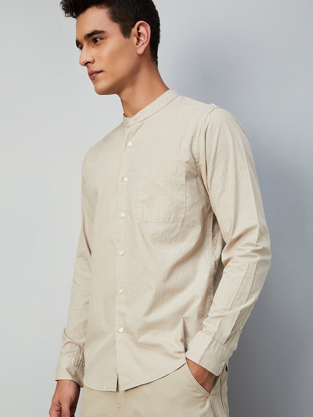 

max Men Mandarin Collar Vertical Striped Cotton Casual Shirt, Beige